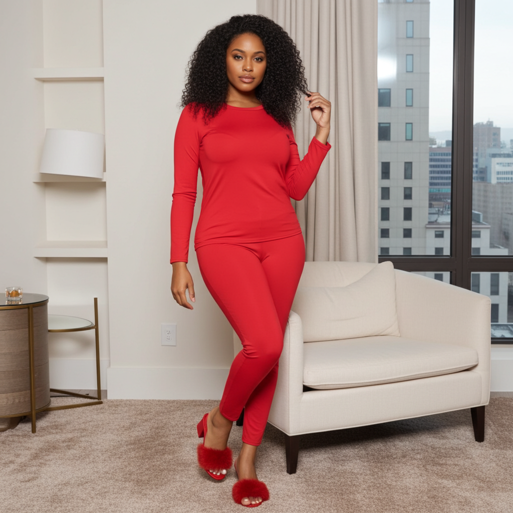 Woman in a red outfit standing in a modern room with a cityscape view.