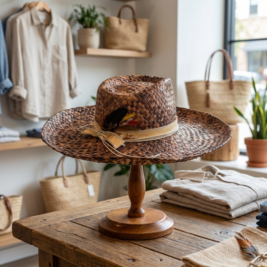 Woven Brown Fedora Hat with Feather Detail