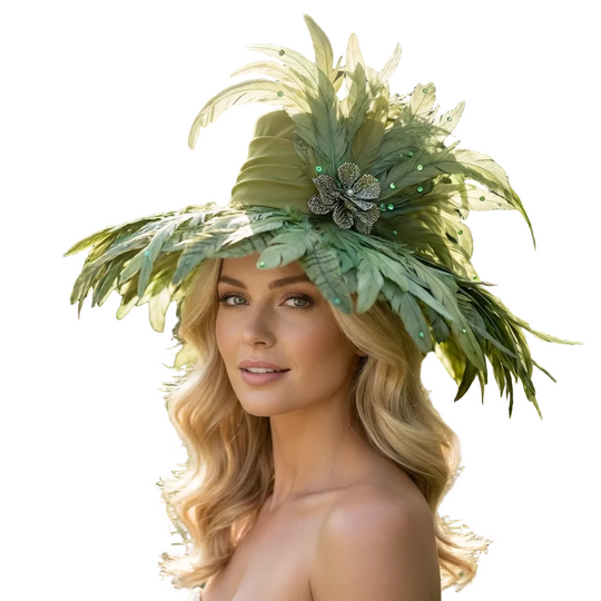 Woman wearing a green feathered hat in a garden setting