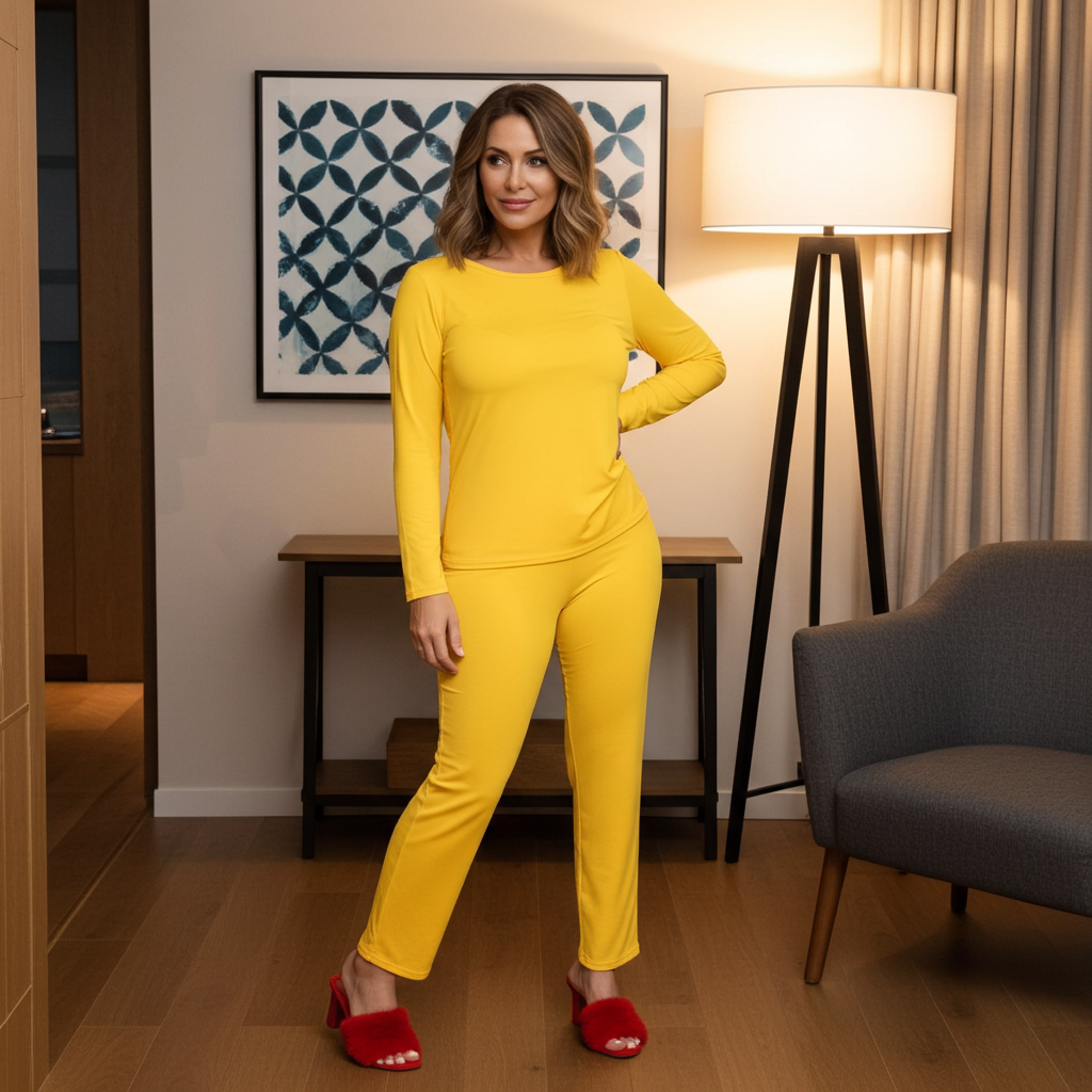 Woman in a yellow outfit standing in a room with a lamp and wall art.