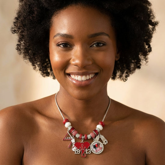 Delta Sigma Theta red and white rhinestone multi-charm necklace in silver tone metal