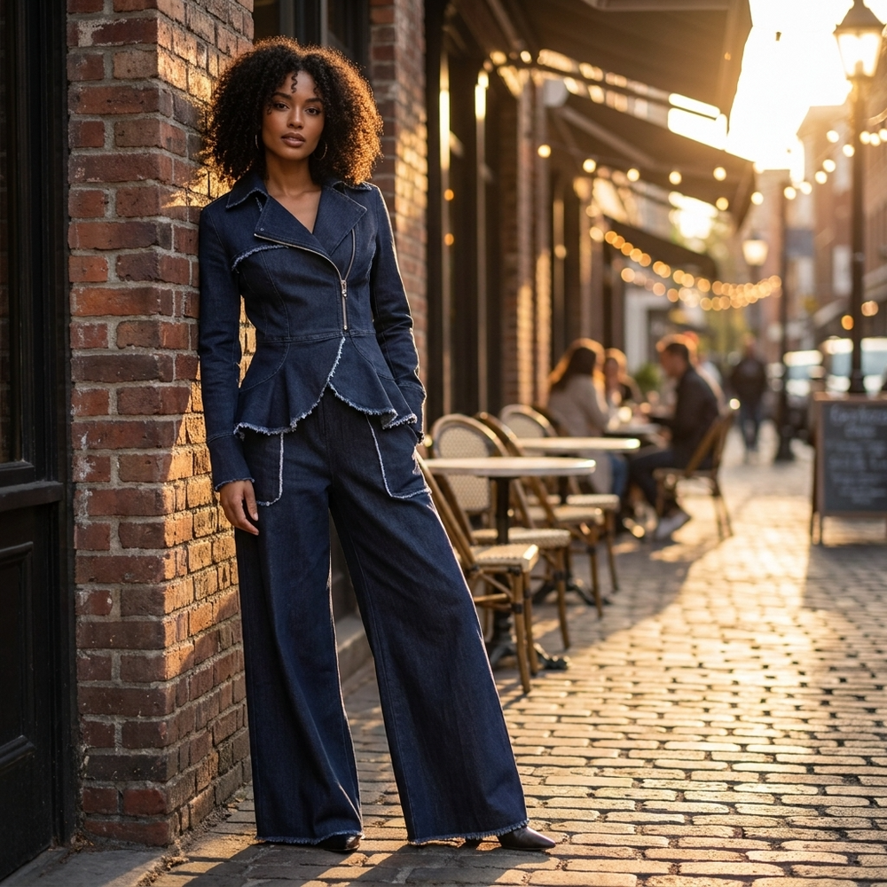 Woman in a blue outfit standing on a street with brick walls and outdoor seating.