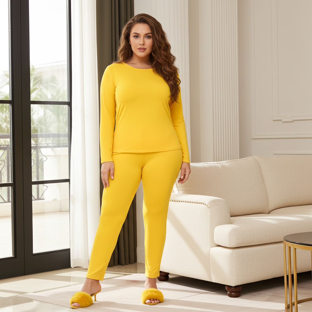 Woman in a yellow outfit standing in a modern living room.