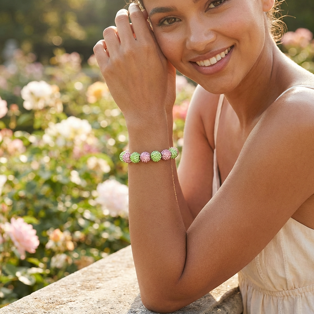 Rhinestone Pave Ball Stretch Bracelet – Pink & Green
