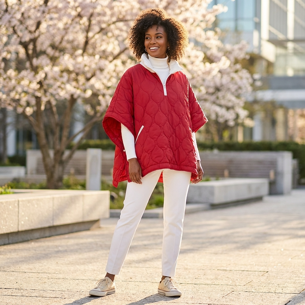 Woman wearing a red quilted jacket in an urban setting with cherry blossoms.
