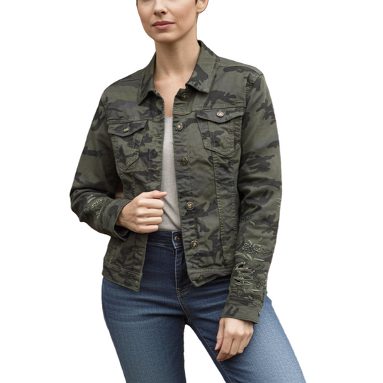 Woman wearing a camouflage jacket standing against a brick wall