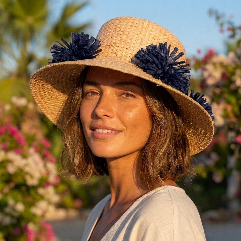 Natural Straw Hat with Navy Blue Pom Pom Detail