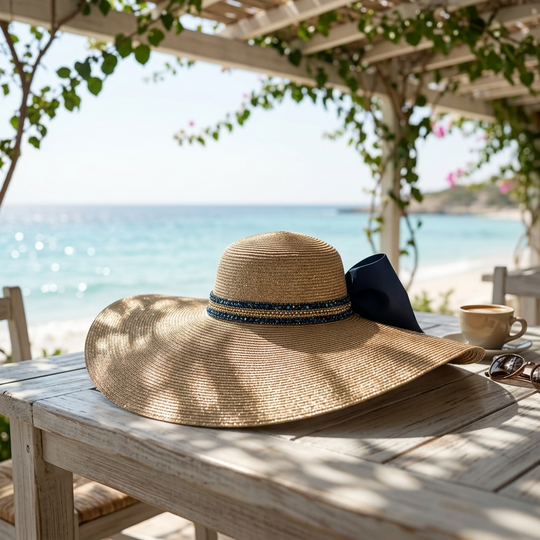 Straw hat on a table with a scenic beach view in the background