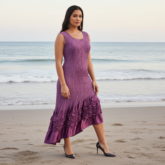 Woman in a purple dress standing on a beach with ocean waves in the background