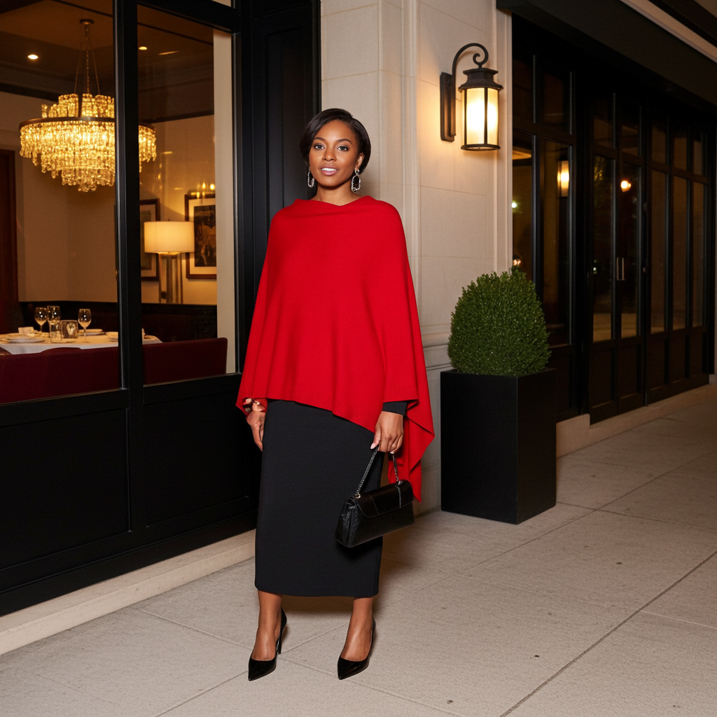Woman in a red cape and black skirt standing outside a building with a chandelier and lamp visible.