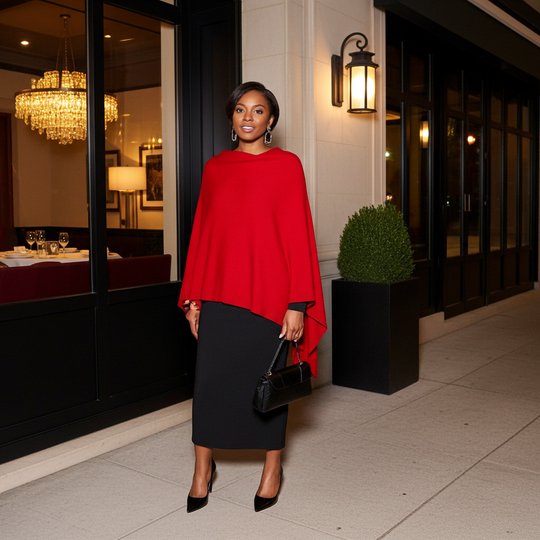 Woman in a red cape and black skirt standing outside a building with a chandelier and lamp visible.