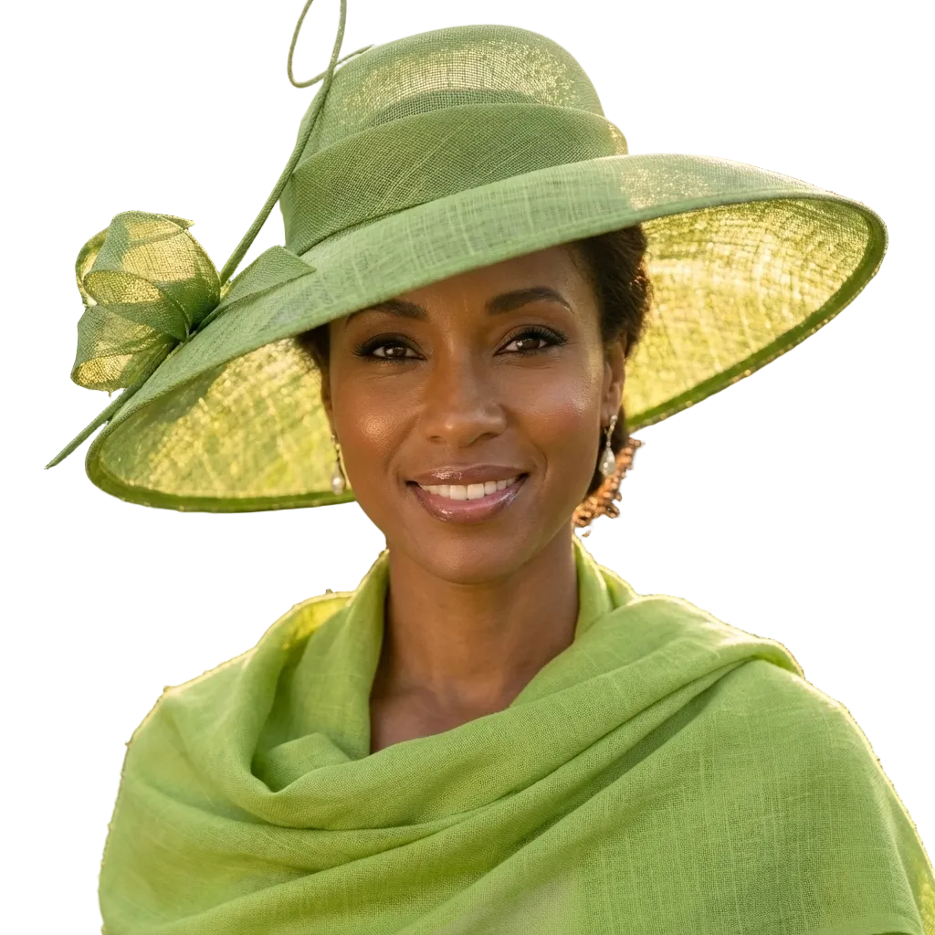 Woman wearing a green hat and shawl outdoors
