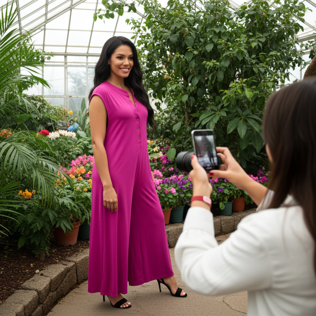 Wide Leg Button-up Loose Fit Solid Knit Jumpsuit: Fuchsia