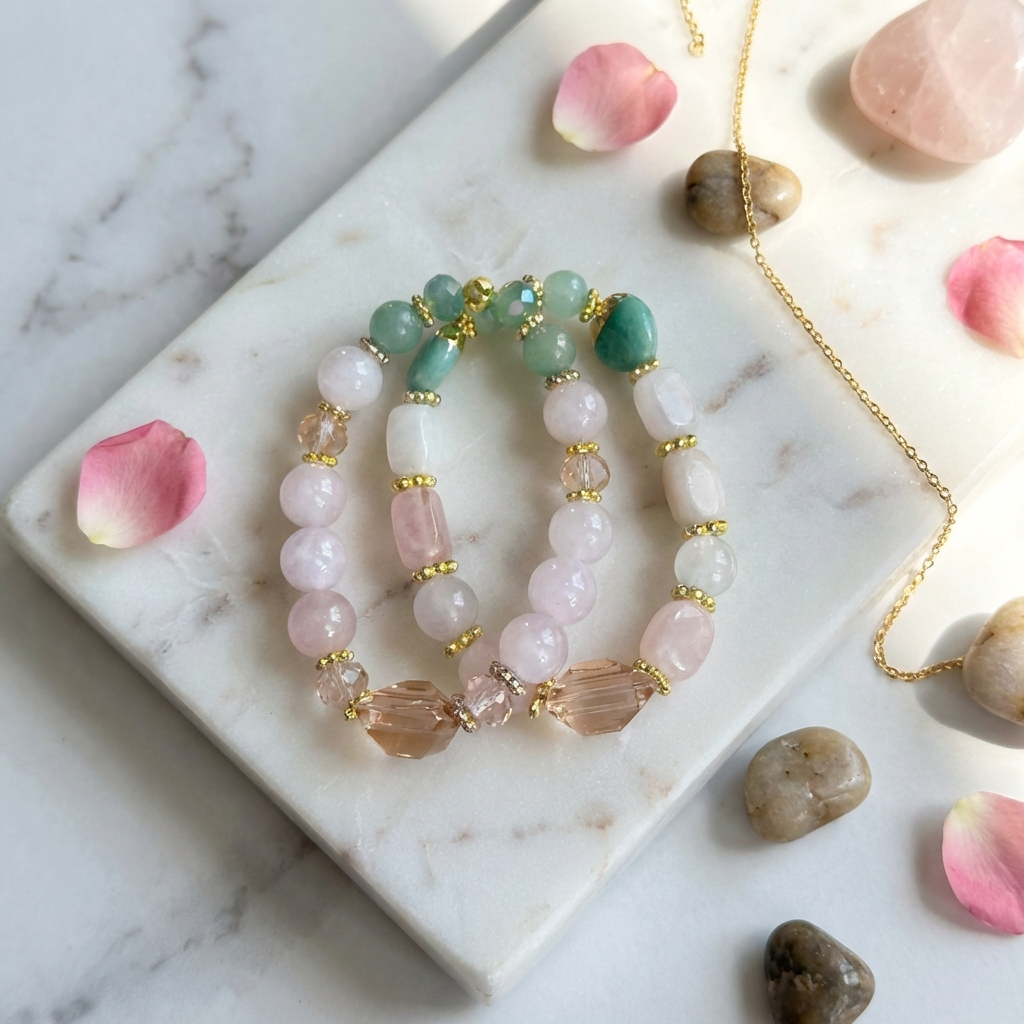 JBM Designs Green Aventurine & Rose Jade Beaded Bracelet - S6