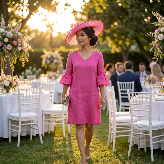 Woman in a pink dress and hat at an outdoor event with tables and floral decorations.