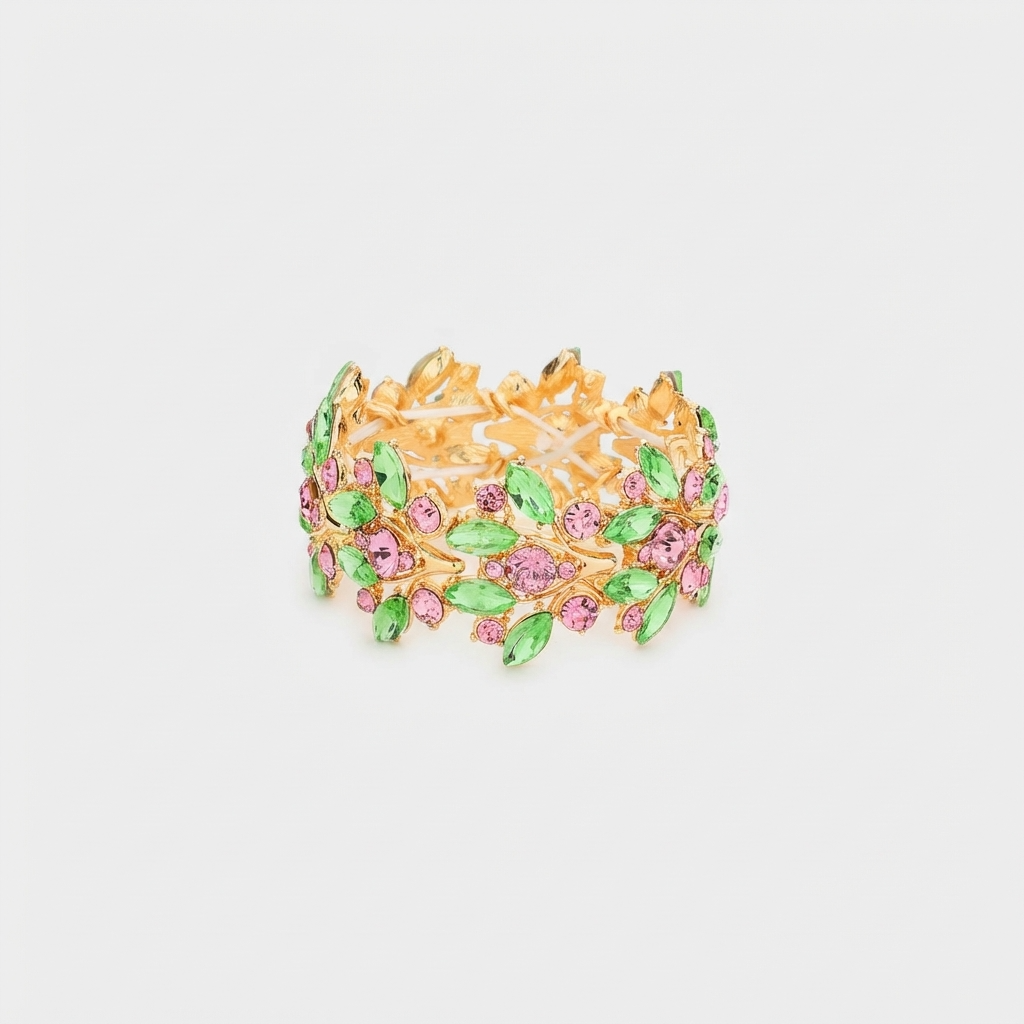 Pink & Green Floral Crystal Stretch Bracelet