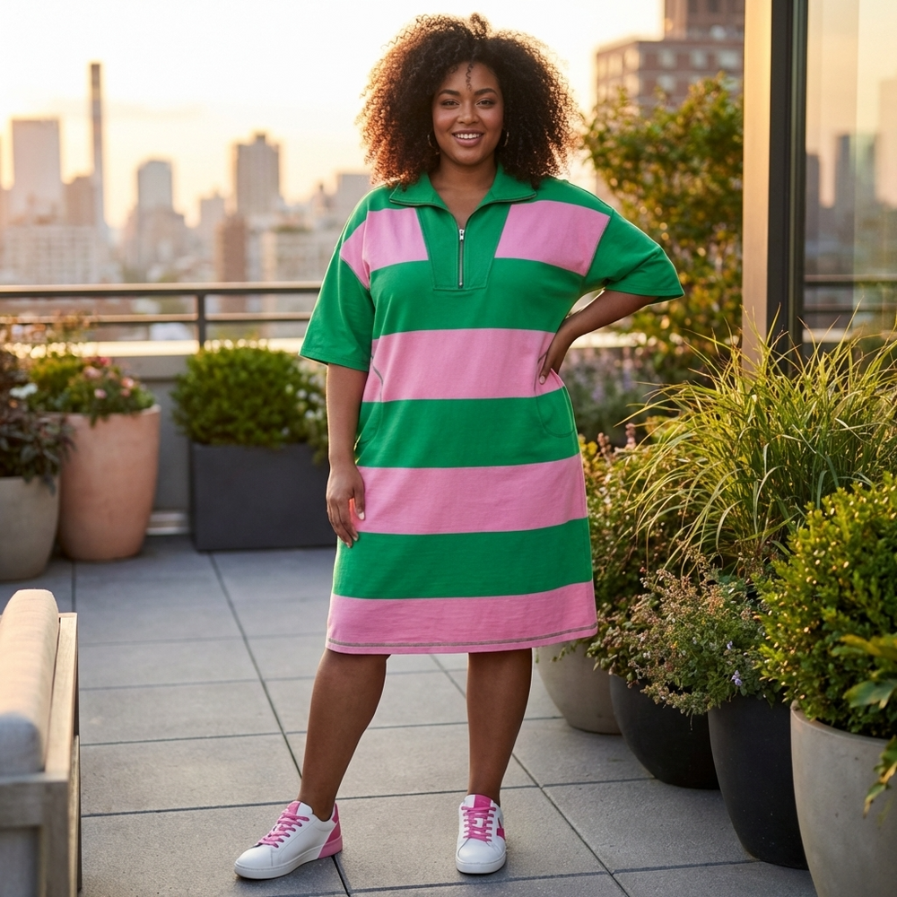 Color Block Stripe Half Zip Dress – Pink & Green