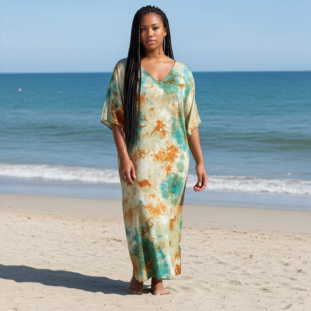 Woman in a tie-dye dress standing on a beach with ocean in the background
