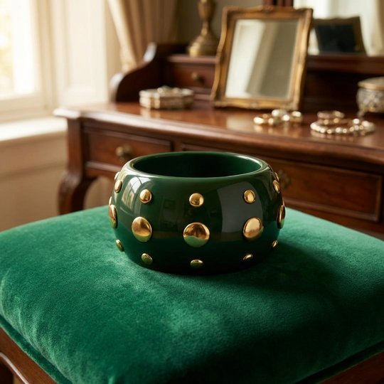 Bowie Bangle Bracelet – Colored Resin Cuff with Gold-Plated Studs - Green
