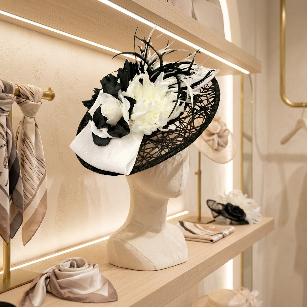 Black and white decorative hat on a bust in a store setting with scarves.