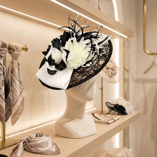 Black and white decorative hat on a bust in a store setting with scarves.