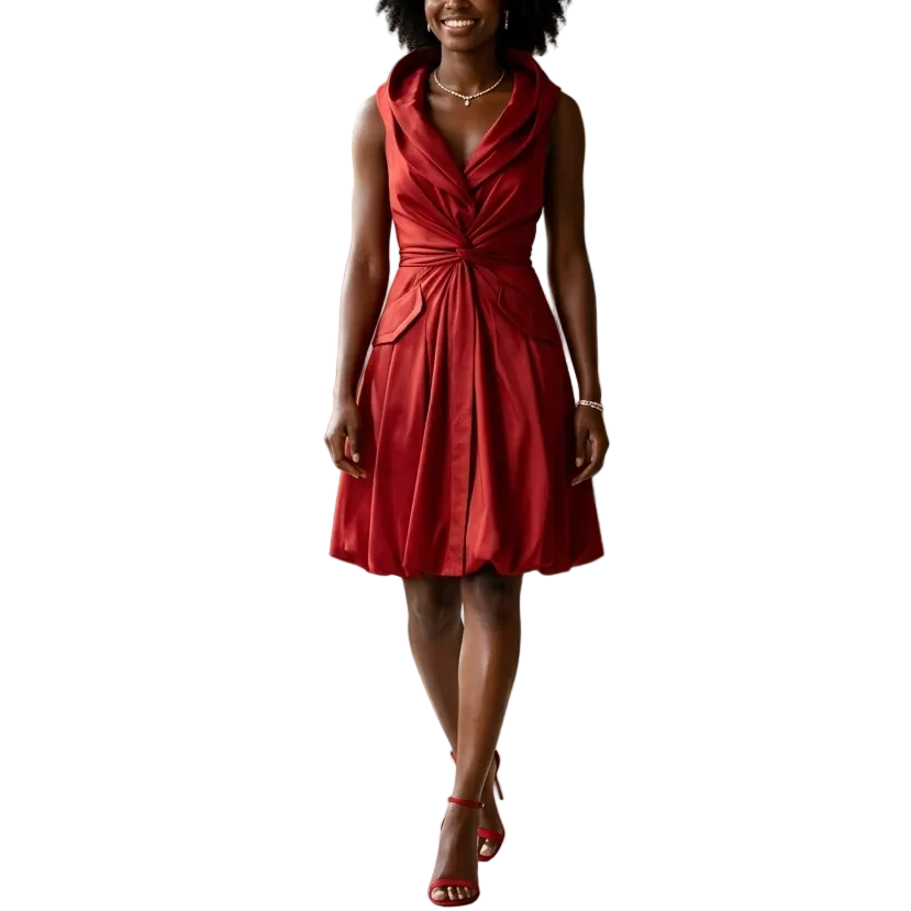 Woman in a red dress standing in an elegant interior setting