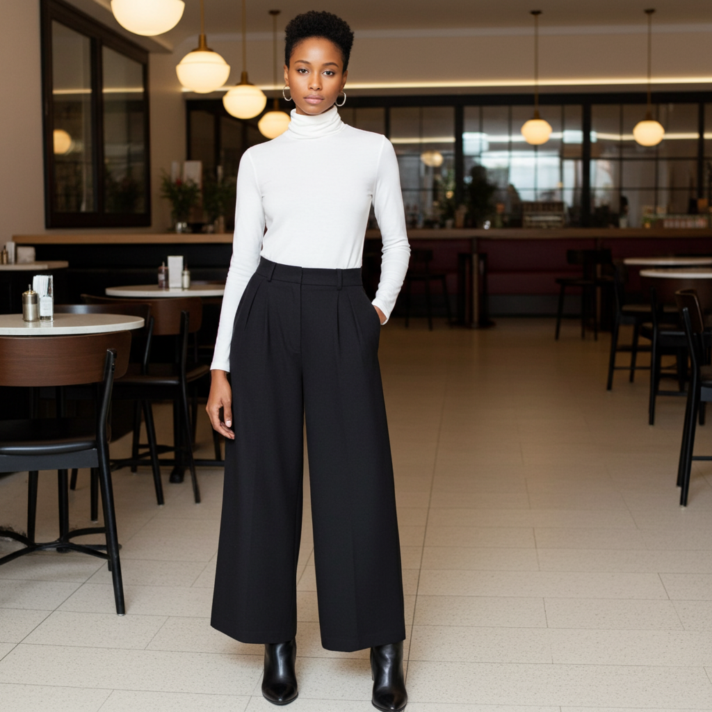 Woman in a white turtleneck and black wide-leg pants standing in a modern cafe.