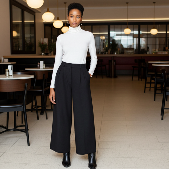 Woman in a white turtleneck and black wide-leg pants standing in a modern cafe.