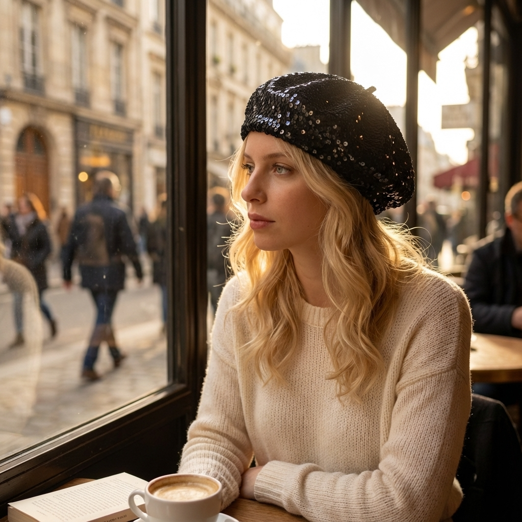 Woman sitting in a cafe wearing a black beret and beige sweater, with a cup of coffee in front of her.