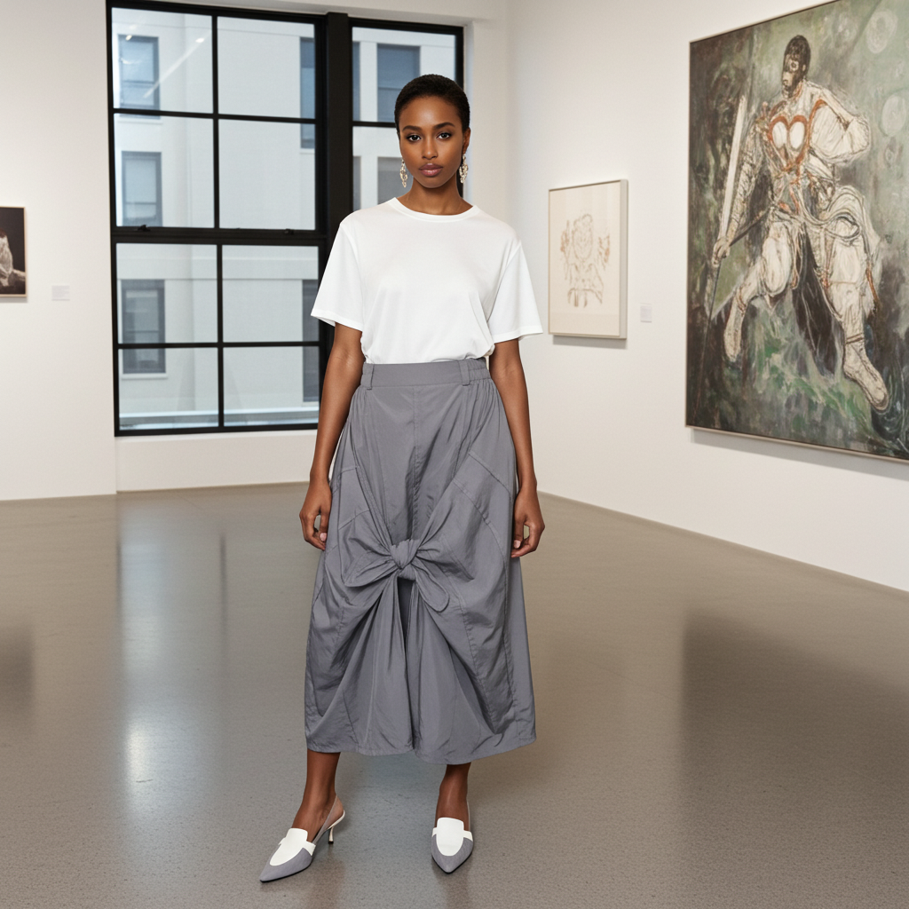 Woman in a white top and gray skirt standing in an art gallery.