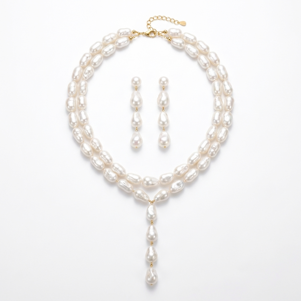 Layered Pearl Necklace and Drop Earrings Set – Gold Plated