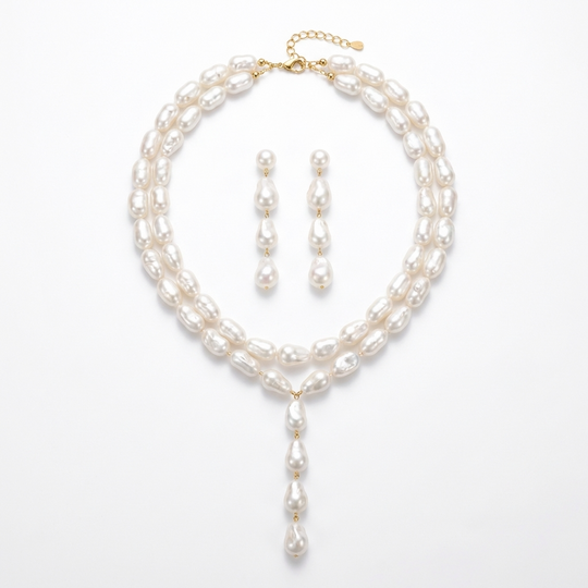 Layered Pearl Necklace and Drop Earrings Set – Gold Plated