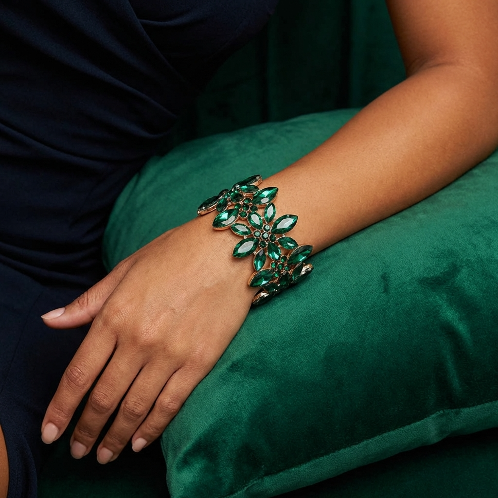 Close-up of a hand wearing a green gemstone bracelet on a green cushion.