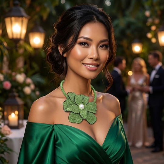 Handcrafted Brilliance Flower Choker Necklace: Green and White