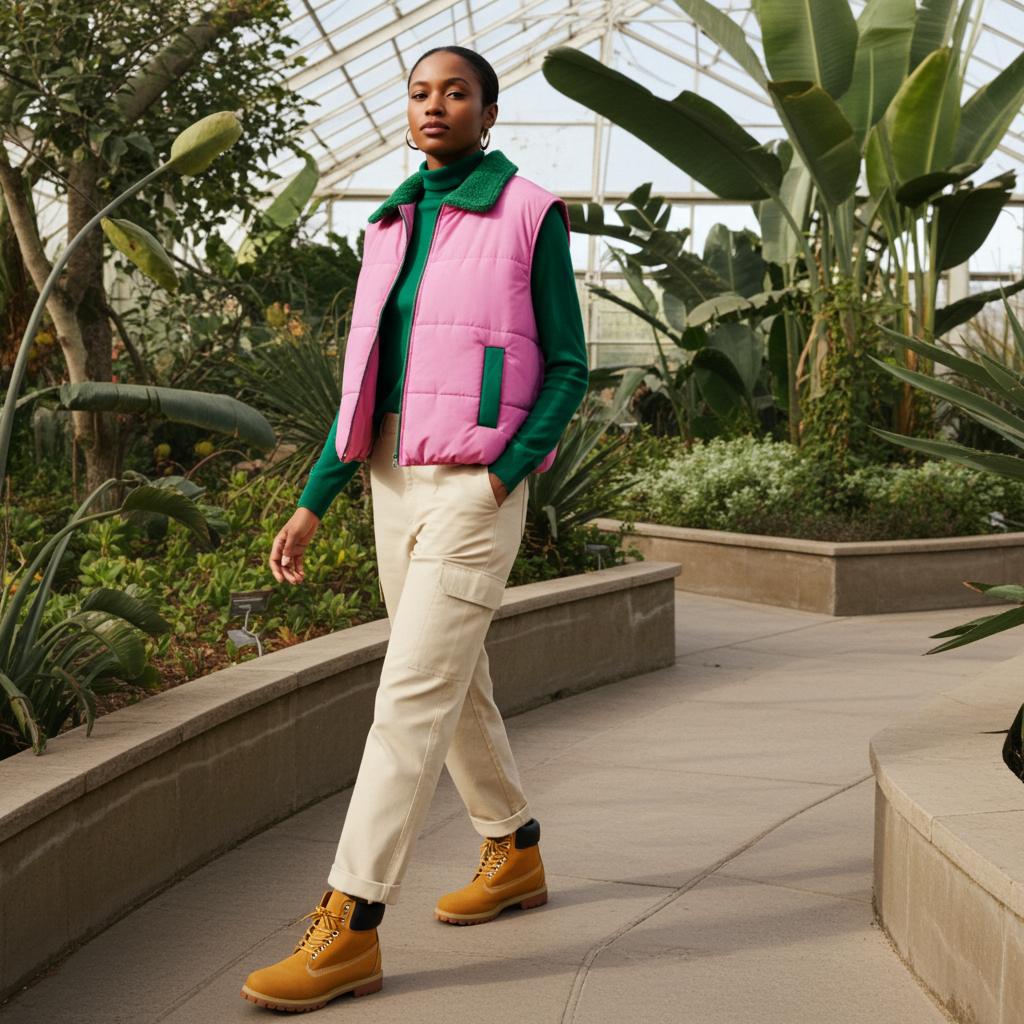 Person wearing a pink puffer vest and beige pants in a greenhouse setting