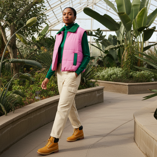 Person wearing a pink puffer vest and beige pants in a greenhouse setting