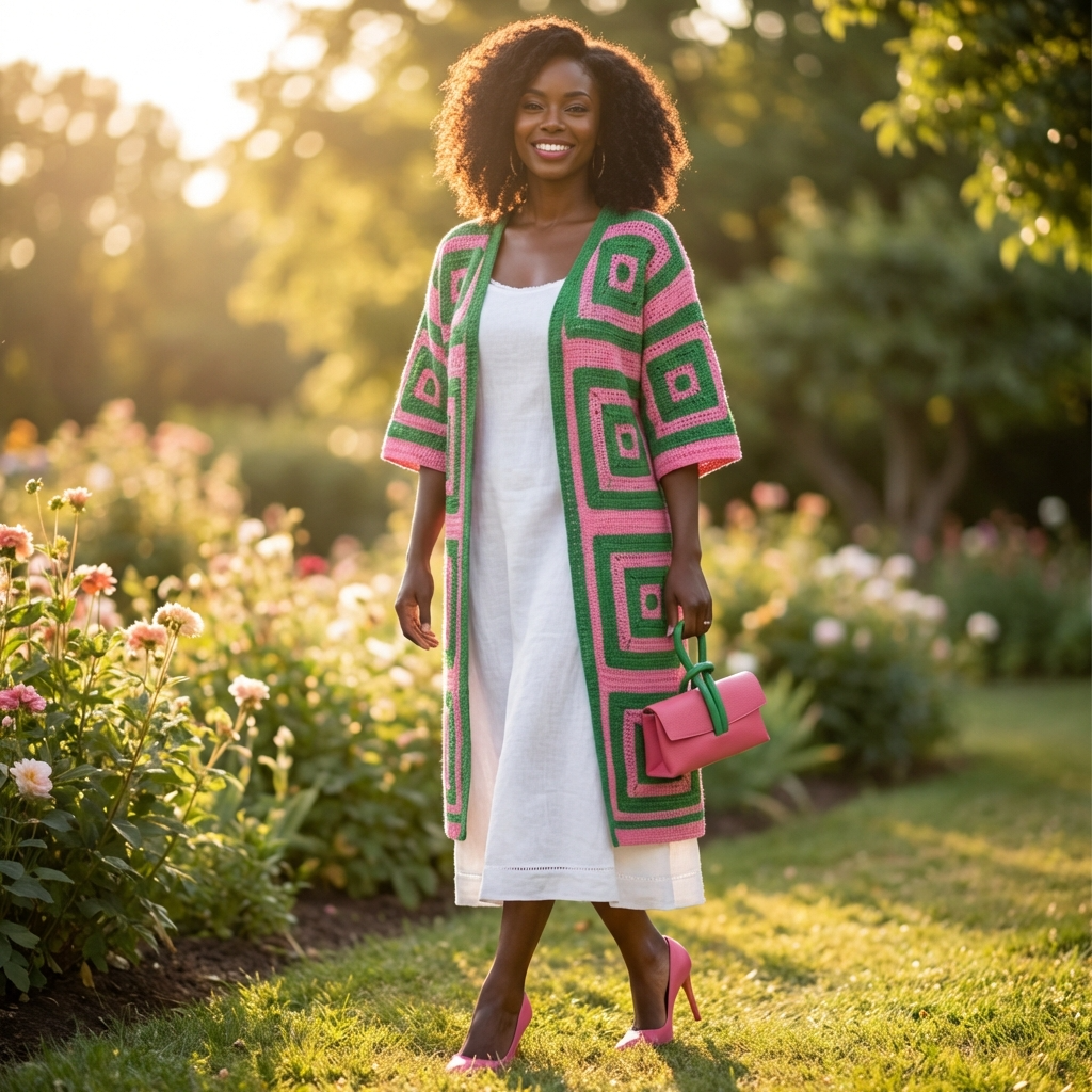 Cárdigan de punto geométrico a crochet - Rosa
