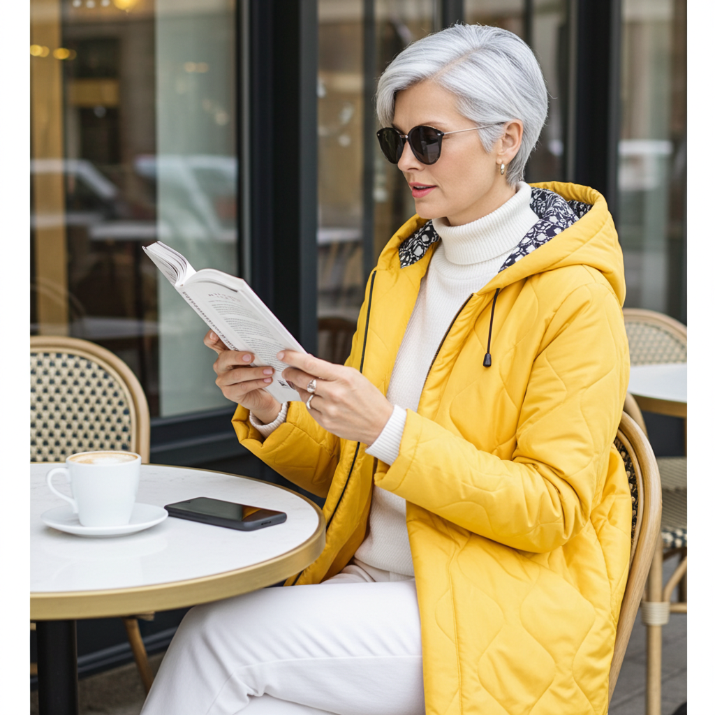 Woman in yellow coat reading a book at an outdoor cafe.