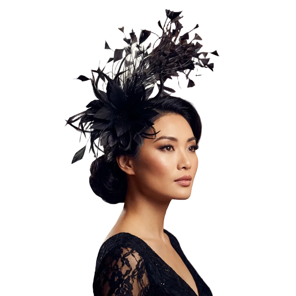 Tocado de plumas Midnight Bloom - Tocado de alta costura esculpido negro con velo