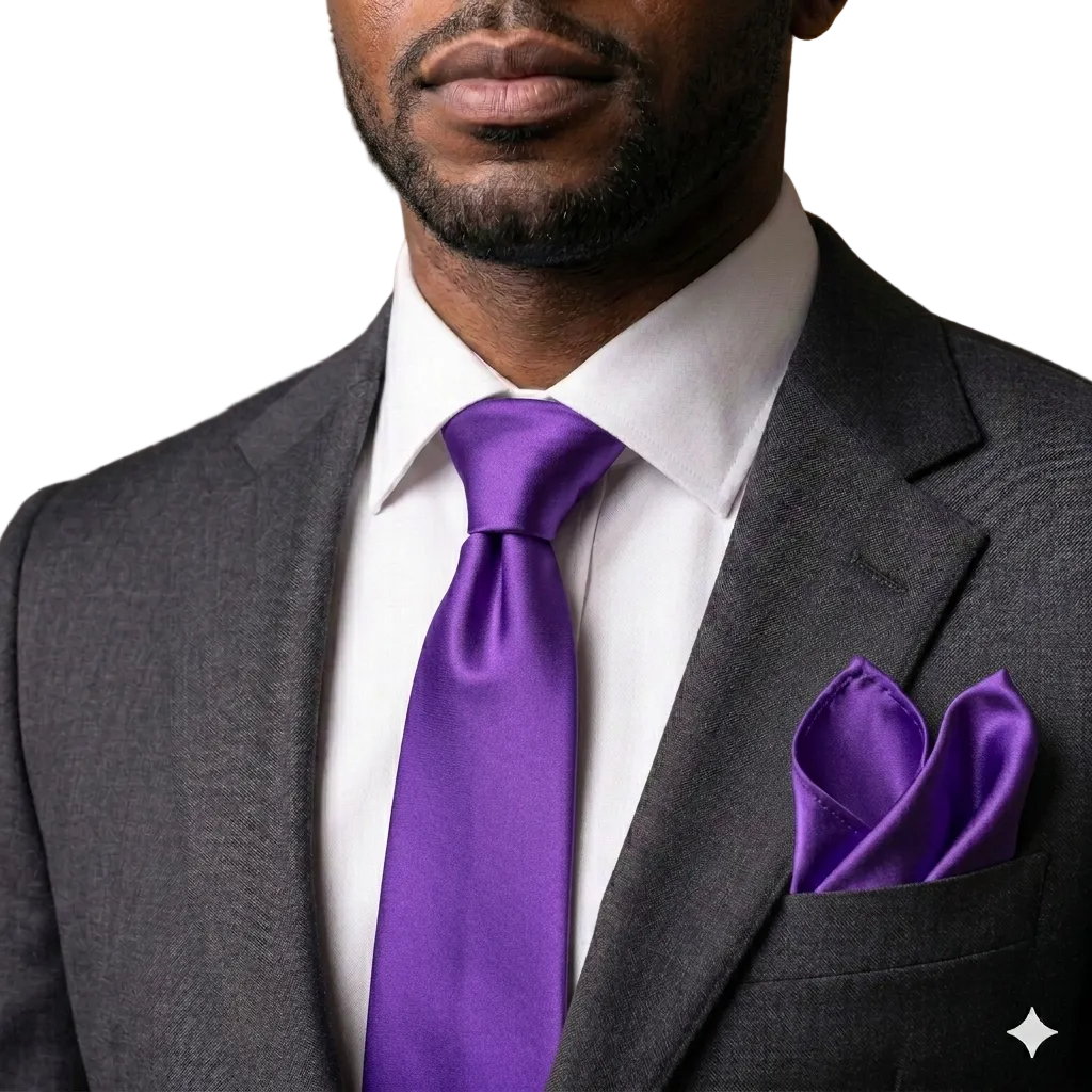 Man wearing a gray suit with a purple tie and pocket square in an elegant indoor setting.