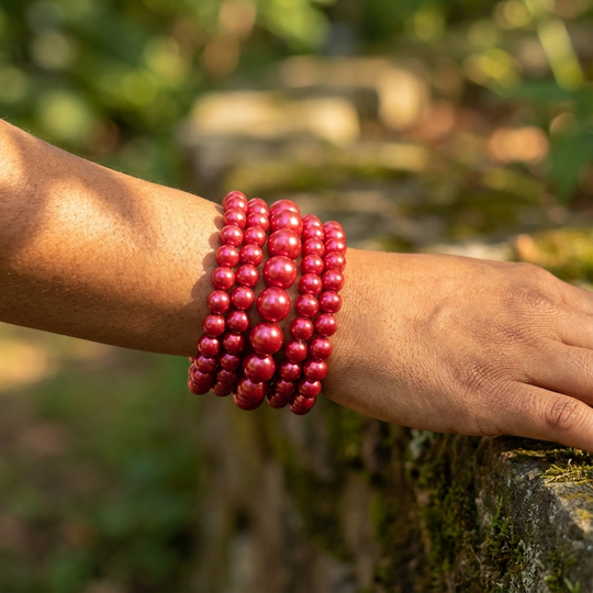 Classic Pearl Stretch Bracelet Set (5-Piece Stack) - Red