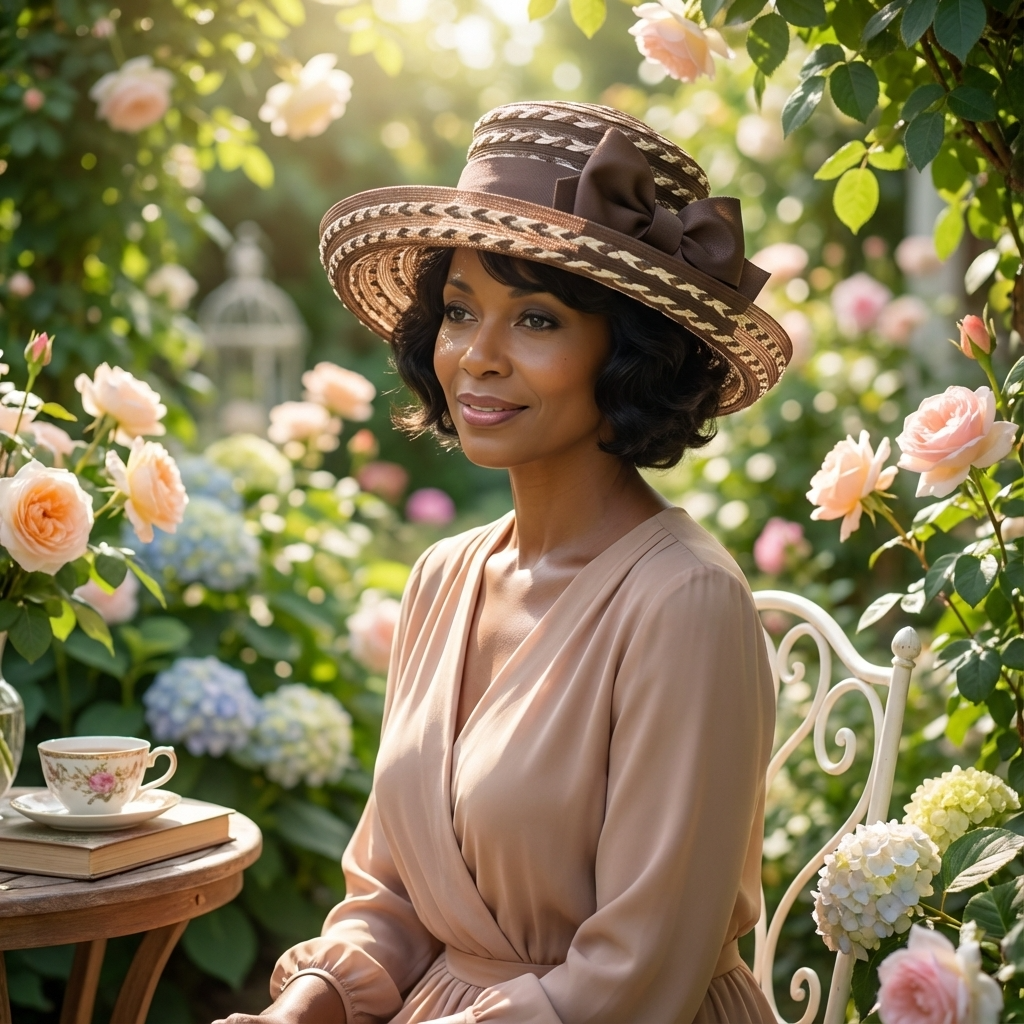 Woman in a garden setting with flowers and a hat