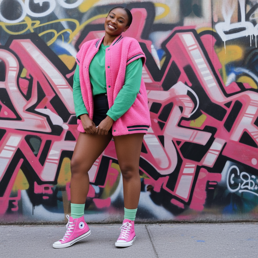 Person wearing a pink jacket and shoes in front of a graffiti wall