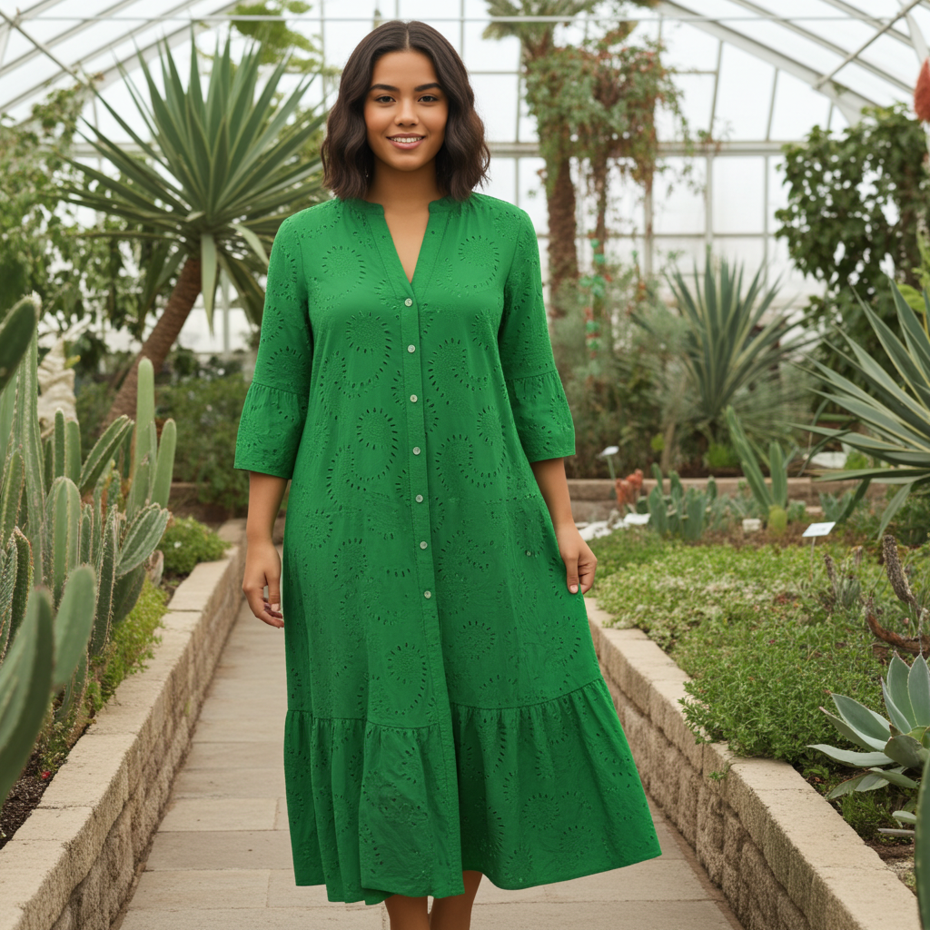 English Embroidered Long Dress: Green