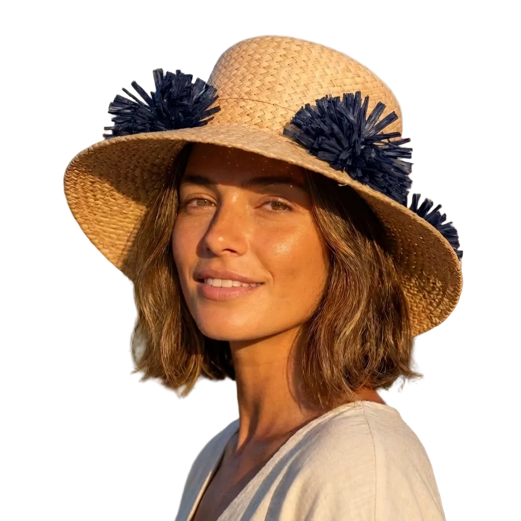 Woman wearing a straw hat with navy blue pom-poms in a garden setting
