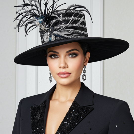 Mason - Feather & Jewel Hat - Black