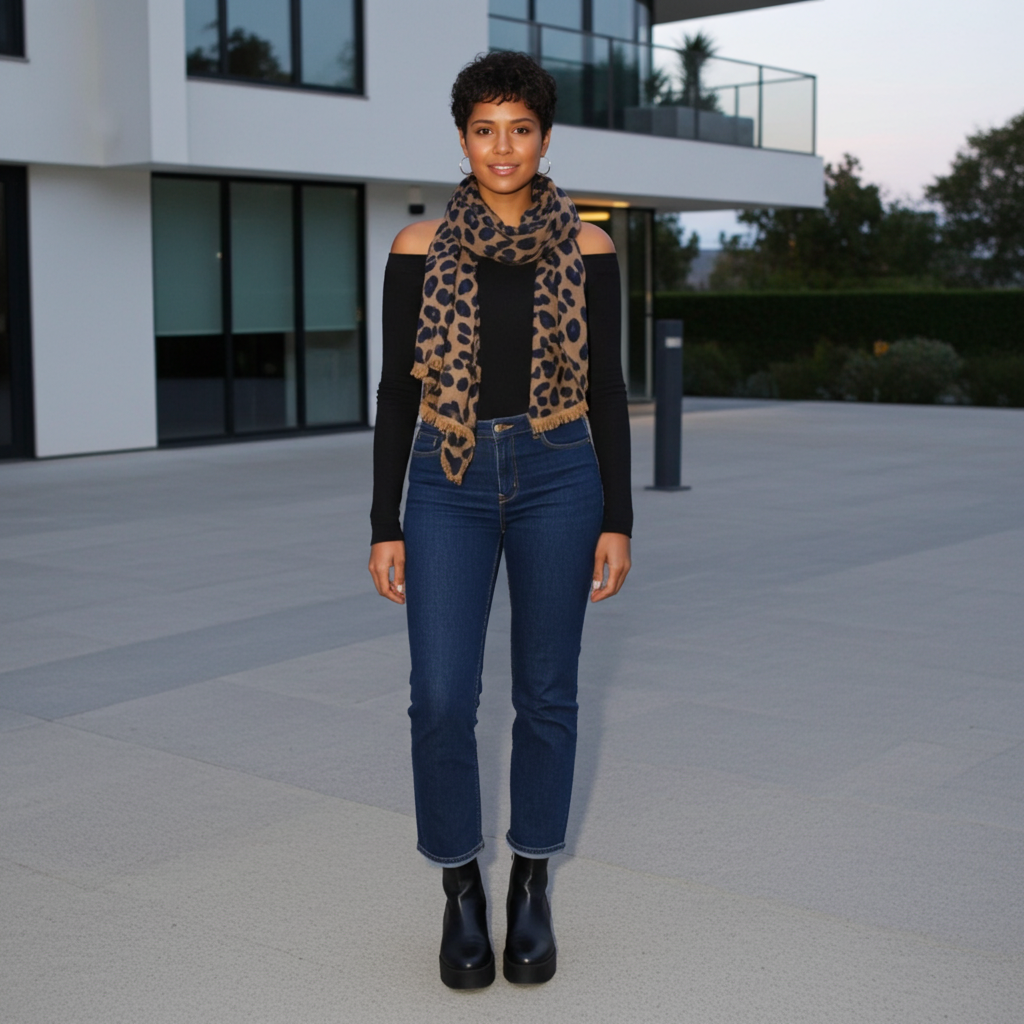 Woman wearing a leopard print scarf, black top, blue jeans, and black boots standing in front of a modern building.