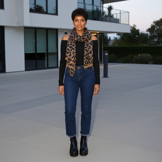 Woman wearing a leopard print scarf, black top, blue jeans, and black boots standing in front of a modern building.