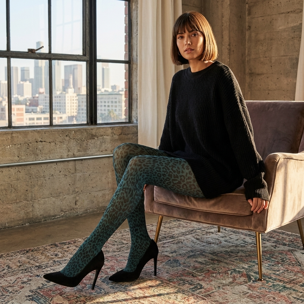 Leopard Printed Tights - Teal Blue