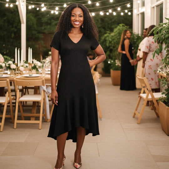 Woman in a black dress standing outdoors at an event with string lights and tables in the background.